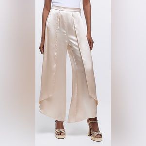 Cream Satin Wrap Over Wide Leg Trousers